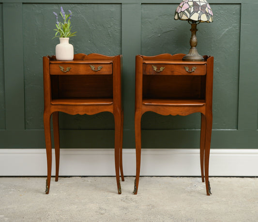 Vintage Pair French Bedside Tables - by Jean Laick - Cherry Wood