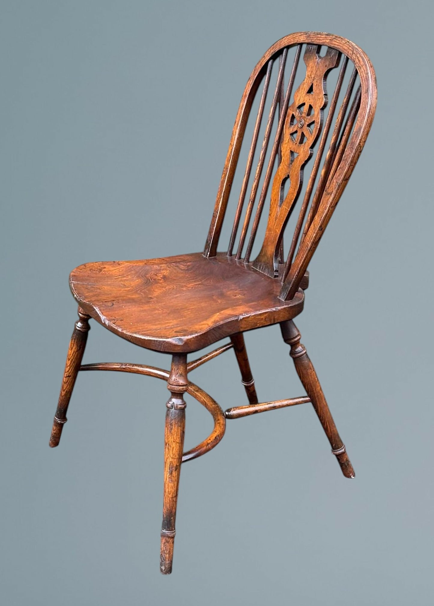 Set of Four Elm Windsor Wheel Back Chairs