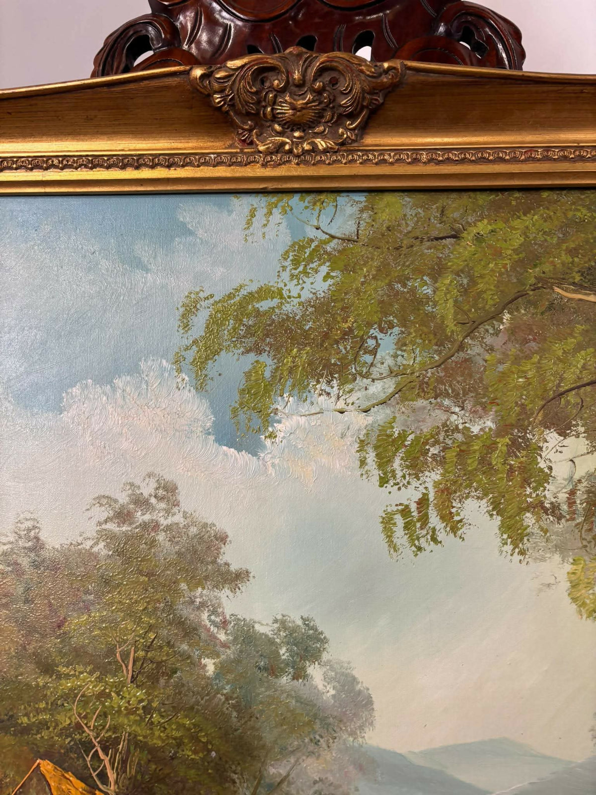 Large Signed Oil on Canvas – Woodland Cottage Landscape in Ornate Gilt Frame