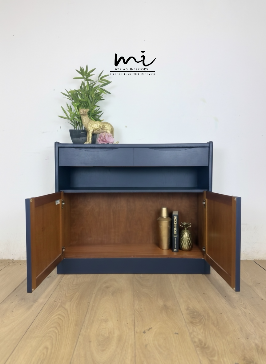 Navy Blue Nathan slim sideboard, retro hallway table, teak console, vintage, narrow, small drinks cabinet