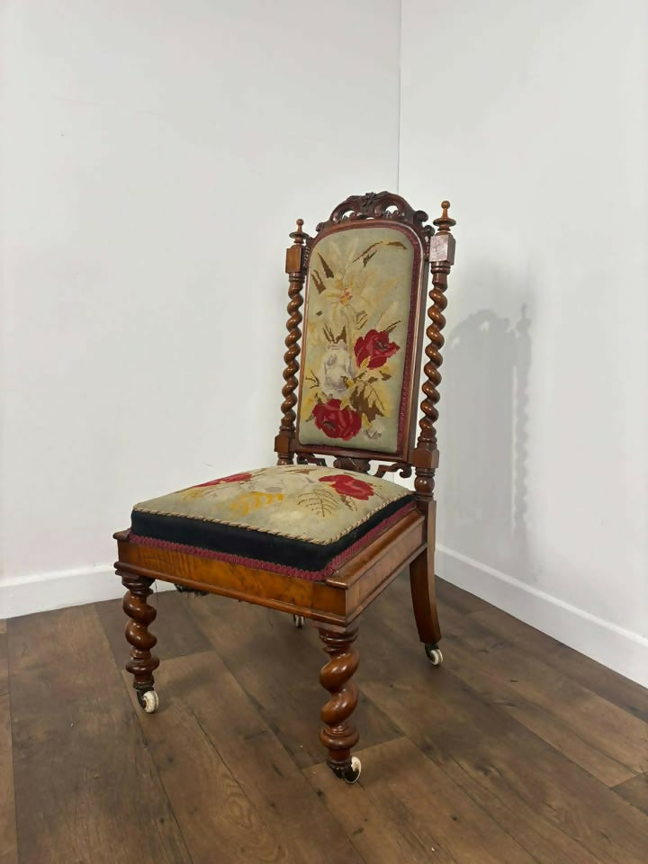Victorian Walnut Prayer Chair With Tapestry Upholstery