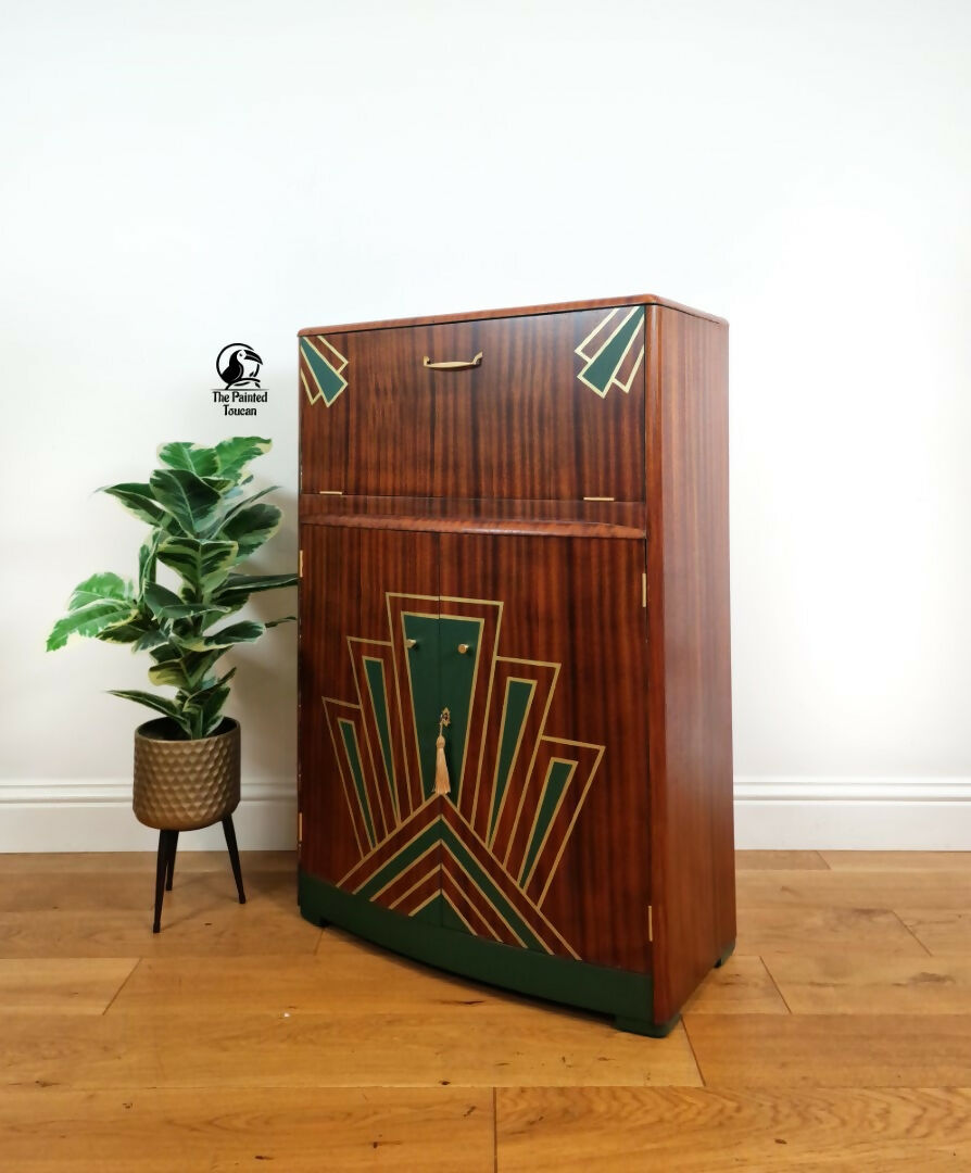Art Deco Cocktail Cabinet | Green & Gold | Restored Vintage Drinks Cabinet