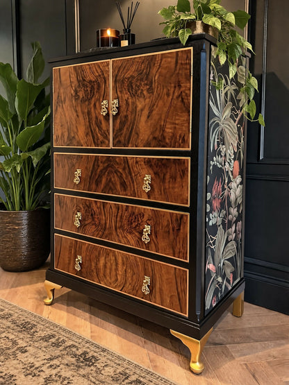 Made to Order Vintage Art Deco Tallboy Dresser Drink Cabinet | Velvet Decoupage Black Gold Botanical