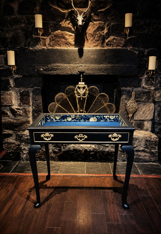 Vintage Queen Anne Style Bijouterie Jewellery Display Table in Black & Gold with William Morris Interior