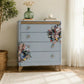 Harris Lebus Vintage Chest Of Drawers Painted Pale Blue with Floral Transfers Botanical
