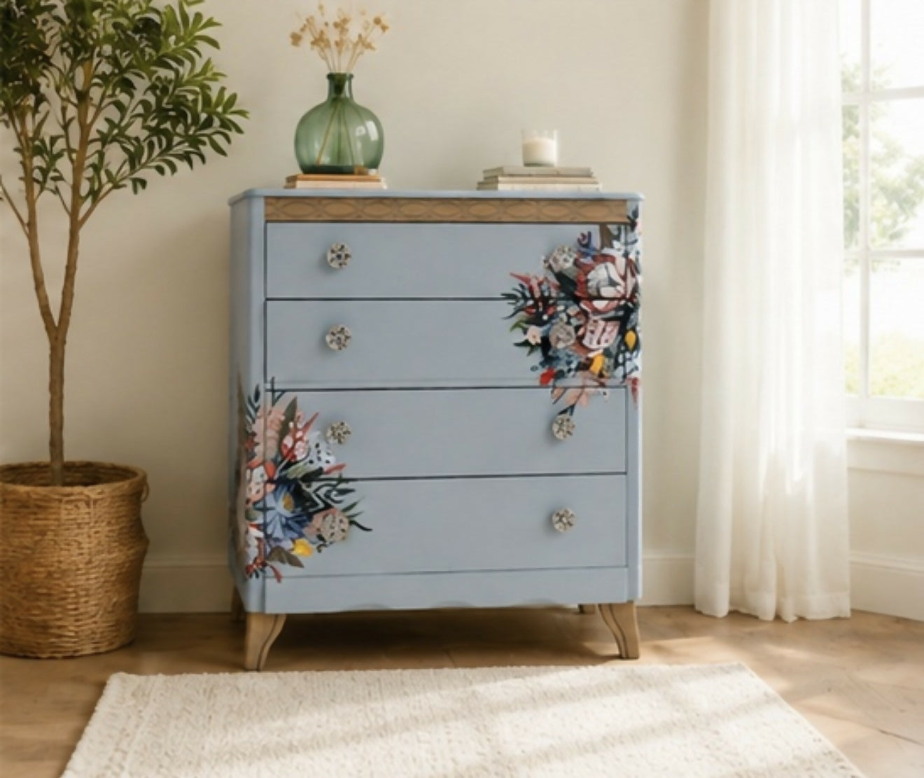 Harris Lebus Vintage Chest Of Drawers Painted Pale Blue with Floral Transfers Botanical