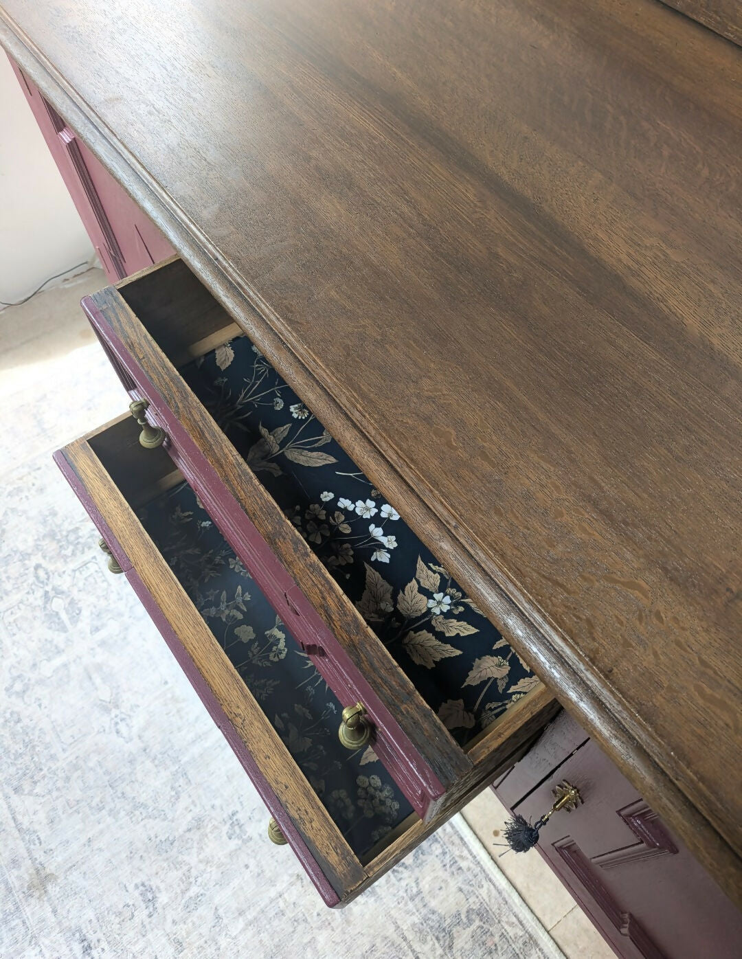 Refinished Jacobean Revival Solid Oak Sideboard, Burgundy Red Painted Buffet, Winchester Fusion Mineral Paint