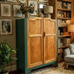 Vintage Solid Wood Wardrobe | Hand Painted Green & Oak Armoire | Dovetail Drawers | Shelved Larder or Linen Cupboard | Working Key