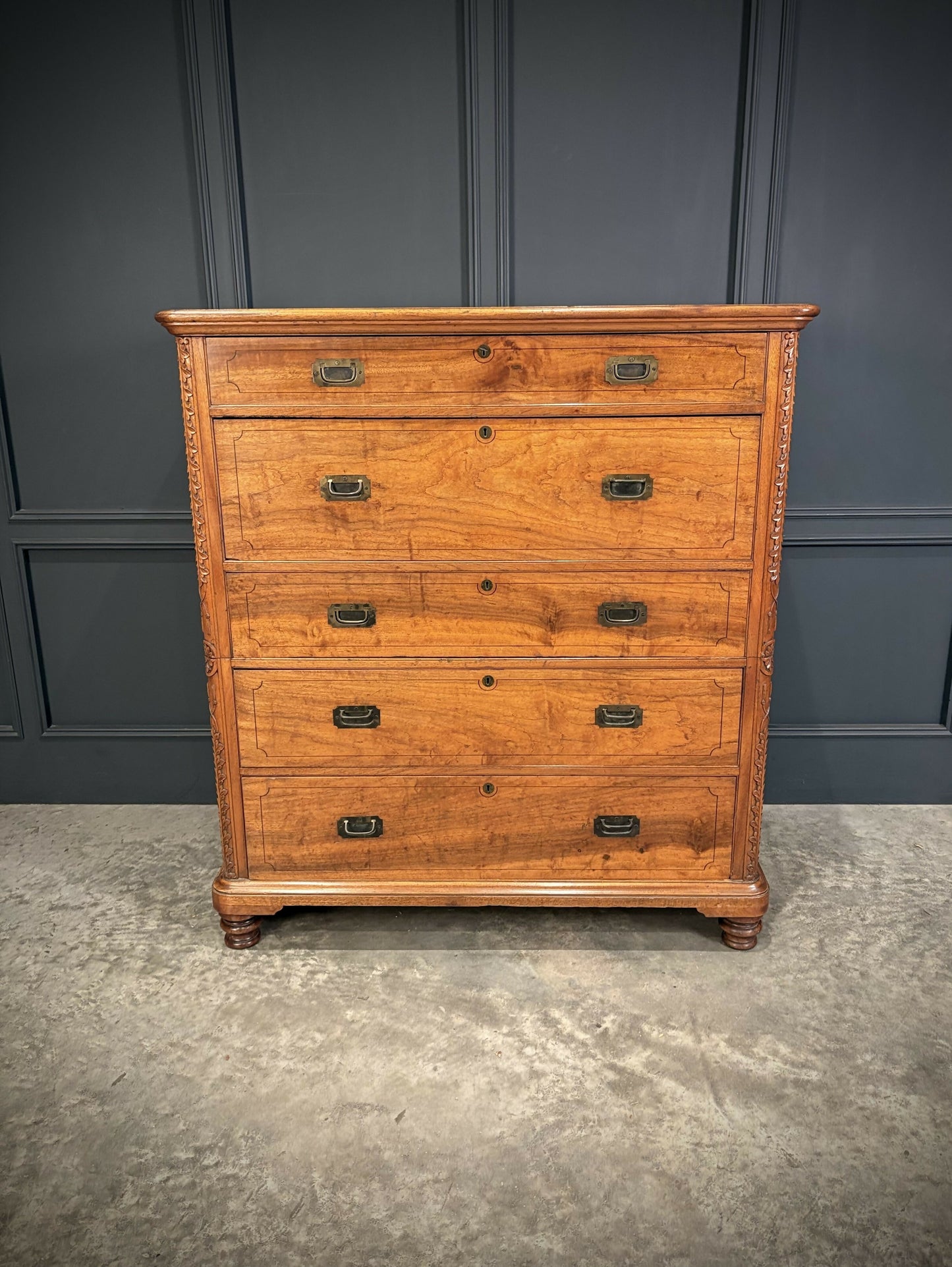 19th Century Camphor Wood Military Campaign Secretaire Chest