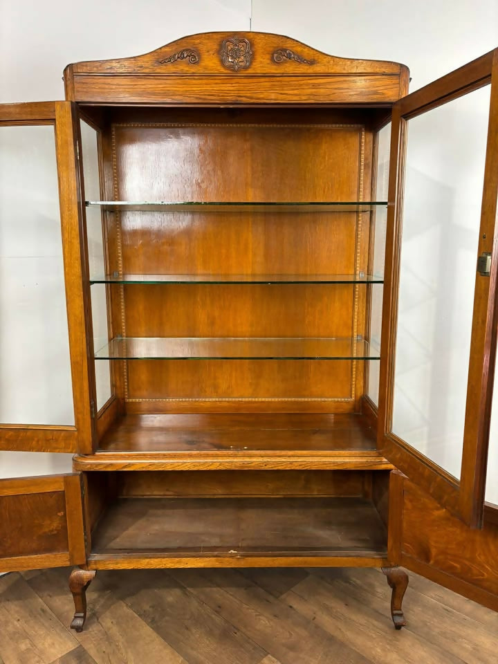 Vintage Oak Display Cabinet With Two Glass Doors