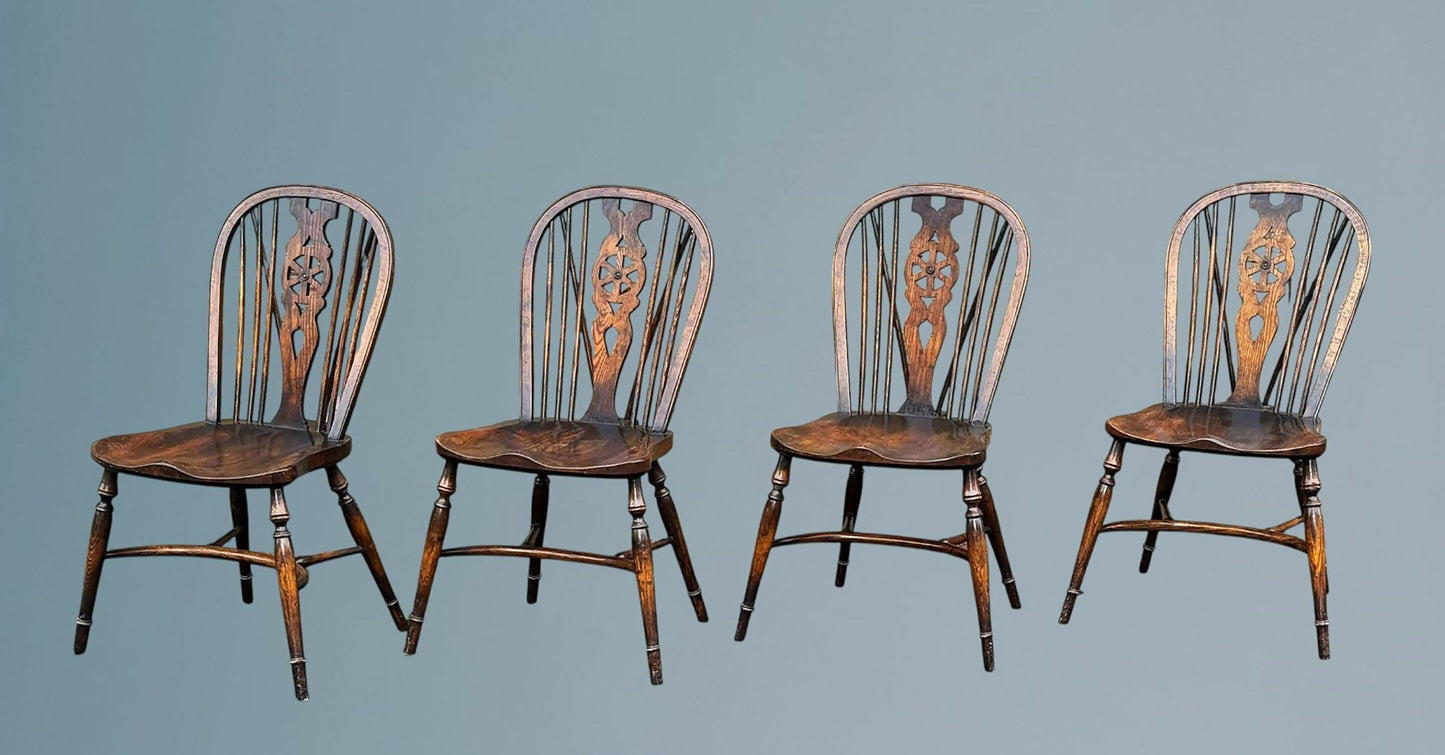 Set of Four Elm Wheel Back Windsor Chairs
