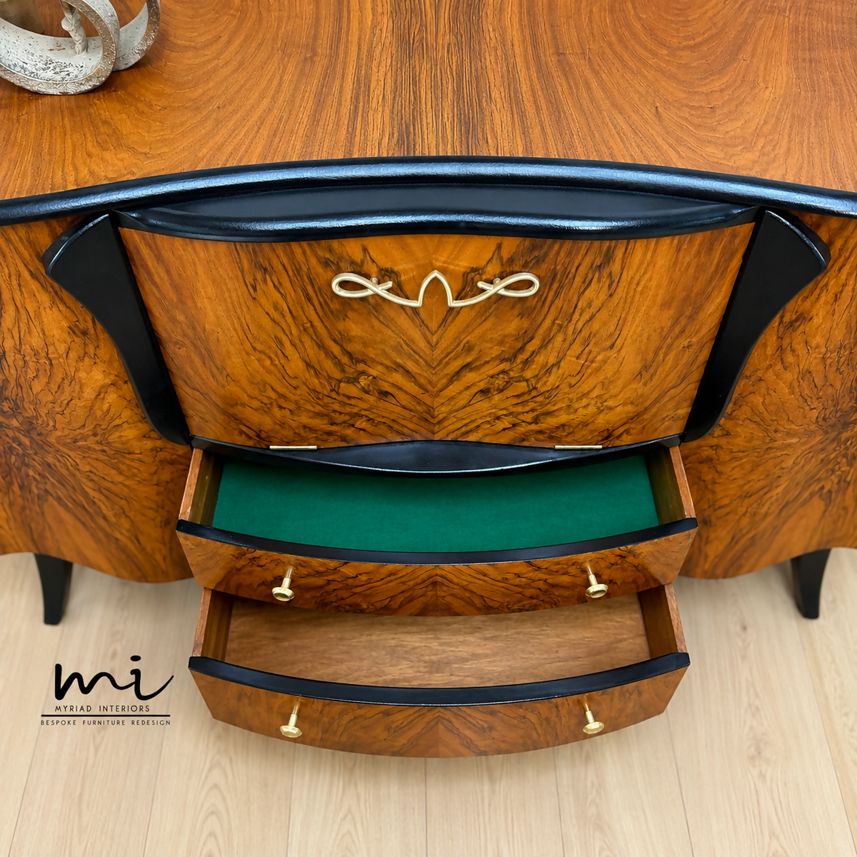 Refurbished Burr Walnut and Black Stonehill Art Deco Cocktail Cabinet, Drinks Cabinet, Vintage Sideboard, Gin Bar