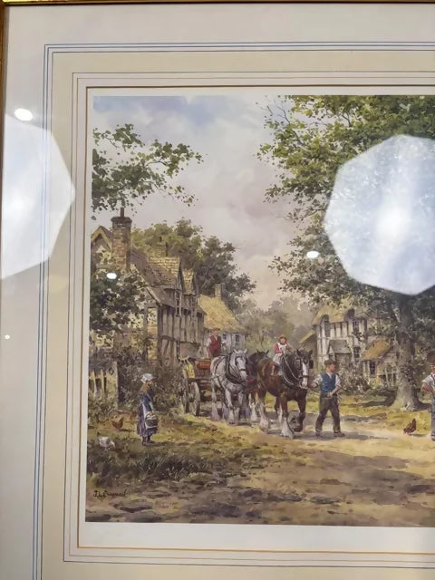 J. L. Chapman Framed Rural Village Print – Horse & Cart Country Scene