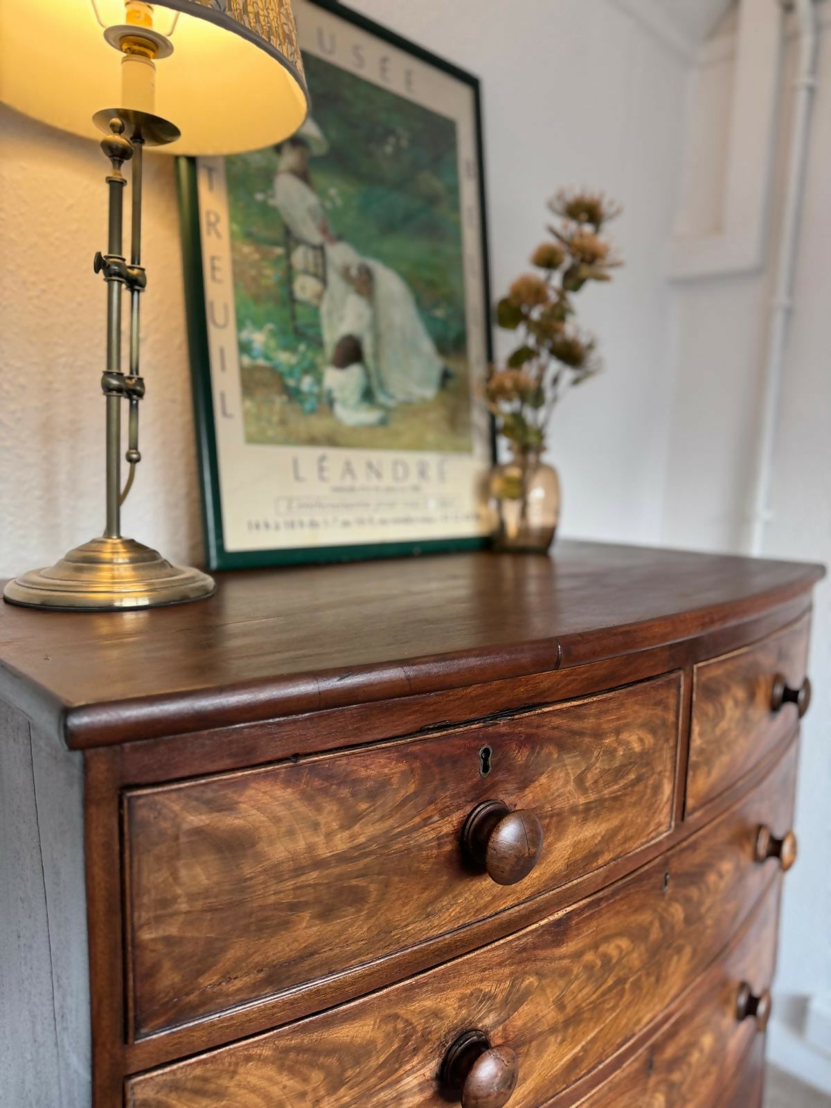 Antique Bow Front Flame Mahogany Chest of Drawers