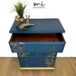 Refinished Stag Minstrel Tallboy Chest Of Drawers In Navy Blue With Gold Foil Floral Bird Design