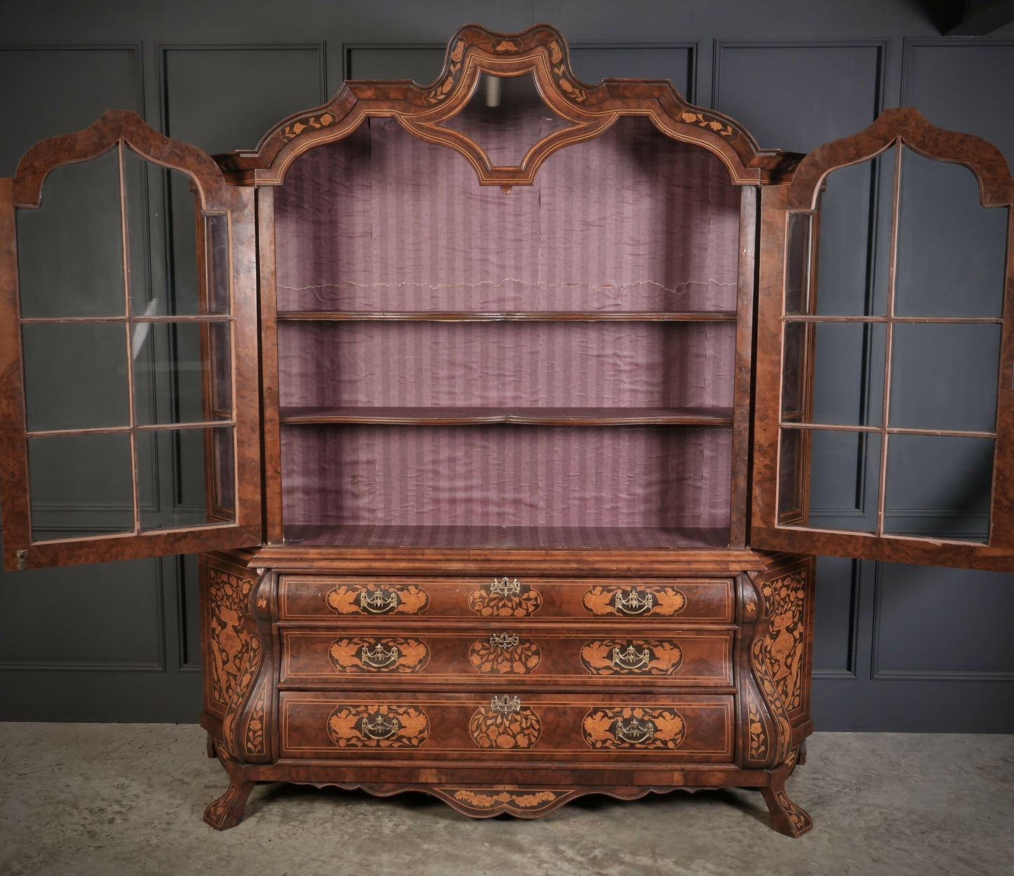 Large Marquetry Inlaid Walnut Bombe Shaped Vintage Cabinet