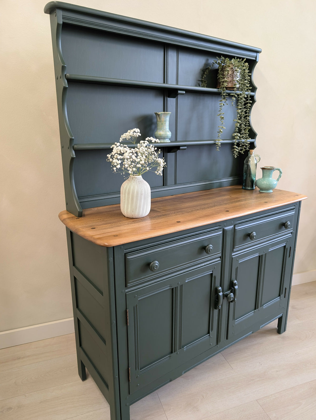 Vintage Ercol Dresser in Heritage Green with Natural Wood Top