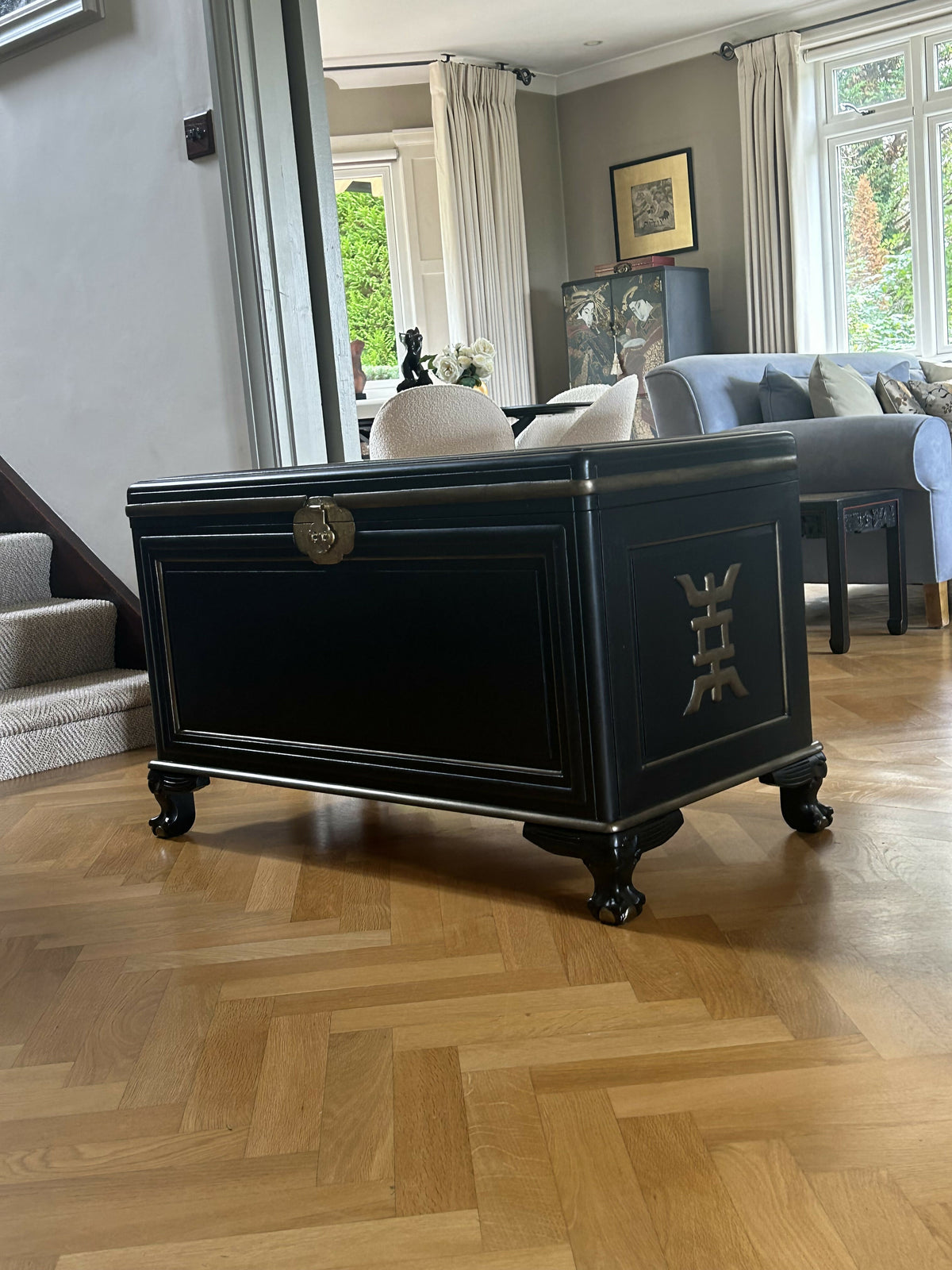Ottoman. Antique Oriental storage Chest. Black and gold. Handpainted.