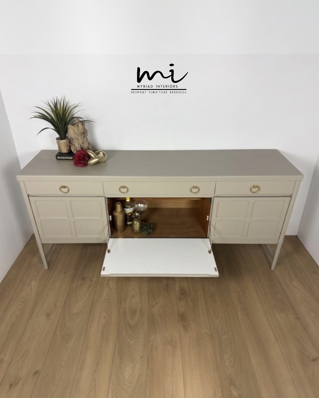 Refinished Large Neutral Vintage Nathan Sideboard with drinks cabinet - beige, cream, cocktail cabinet, tv stand, media unit, retro nude