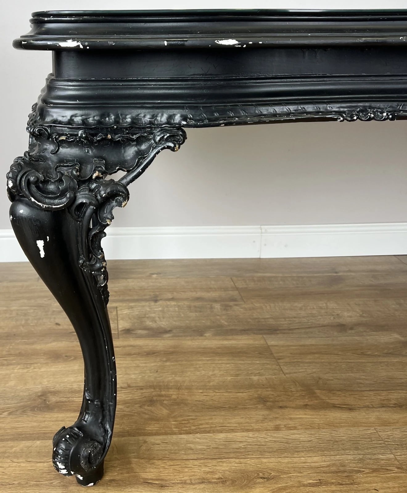 Double Sided Desk Antique French Style Black Painted Heavy Carved Table LOT 6186