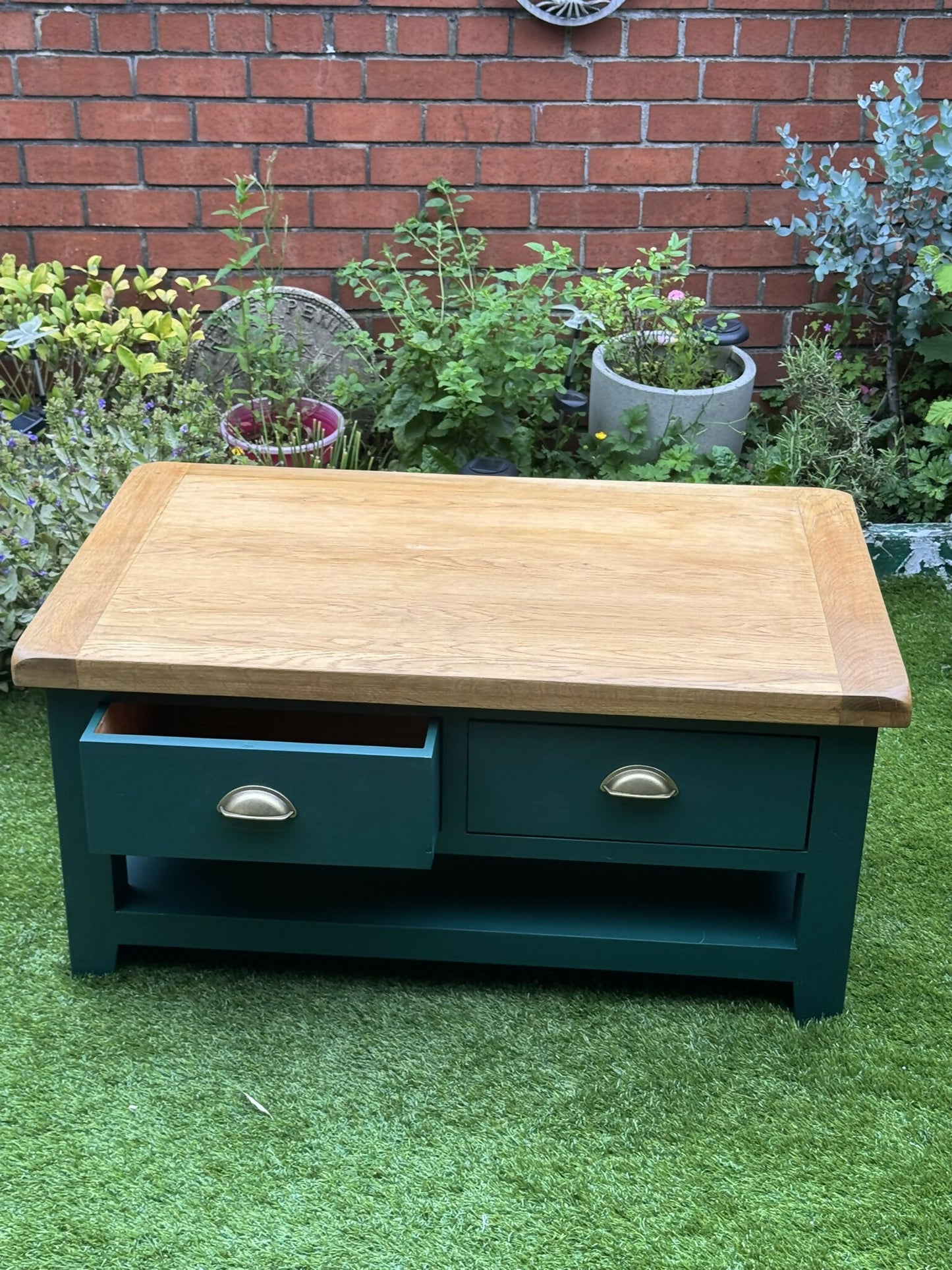 Green Coffee Table | Solid Oak Coffee Table | Hand Painted Farmhouse Coffee Table | Restored Rustic Furniture