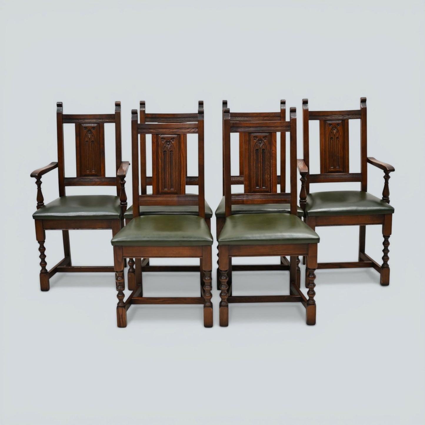 6 Oak Dining Chairs Old Charm Green Leather Seats Tudor Brown FREE UK Delivery