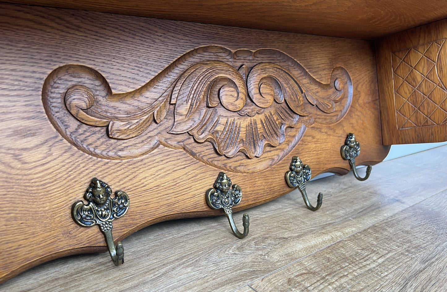 Coat Rack Vintage French Oak Wall Mounted 4 Hooks Carved Rack Hanger LOT 6293