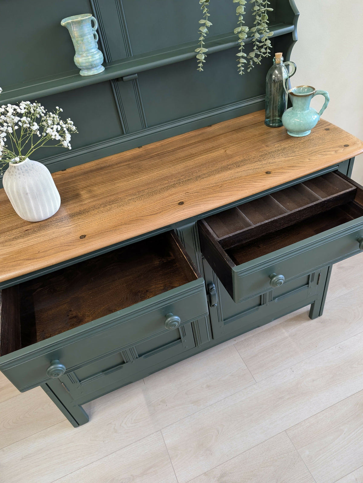 Vintage Ercol Dresser in Heritage Green with Natural Wood Top