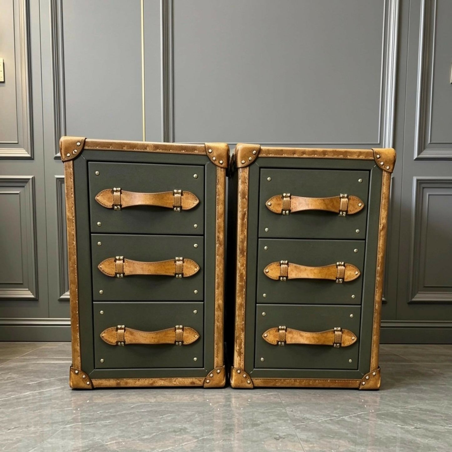 English luxury leather vintage nightstands | Olive green matching bedside tables | Hand dyed