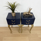 Vintage Navy Blue and Gold French Louis Style Bedside Tables, nightstands, Cabriole Legs