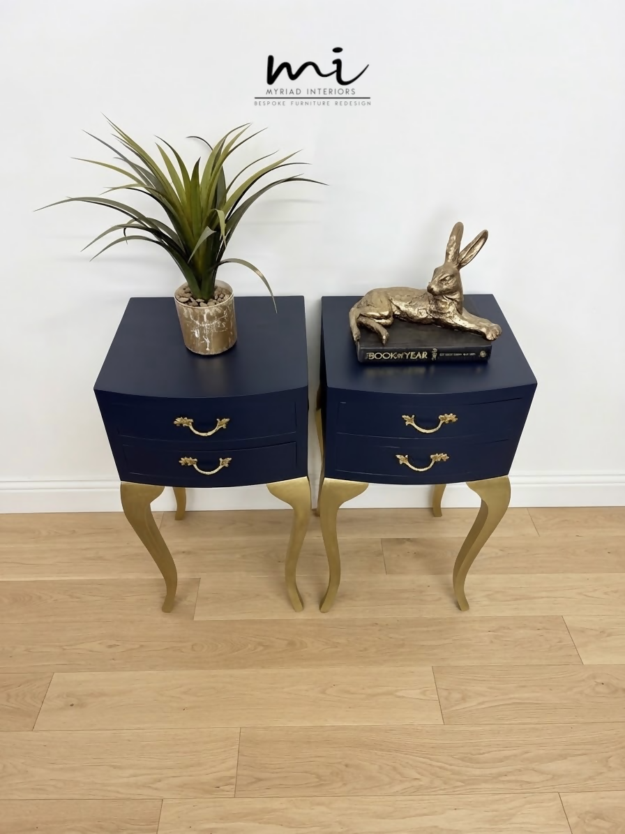 Vintage Navy Blue and Gold French Louis Style Bedside Tables, nightstands, Cabriole Legs