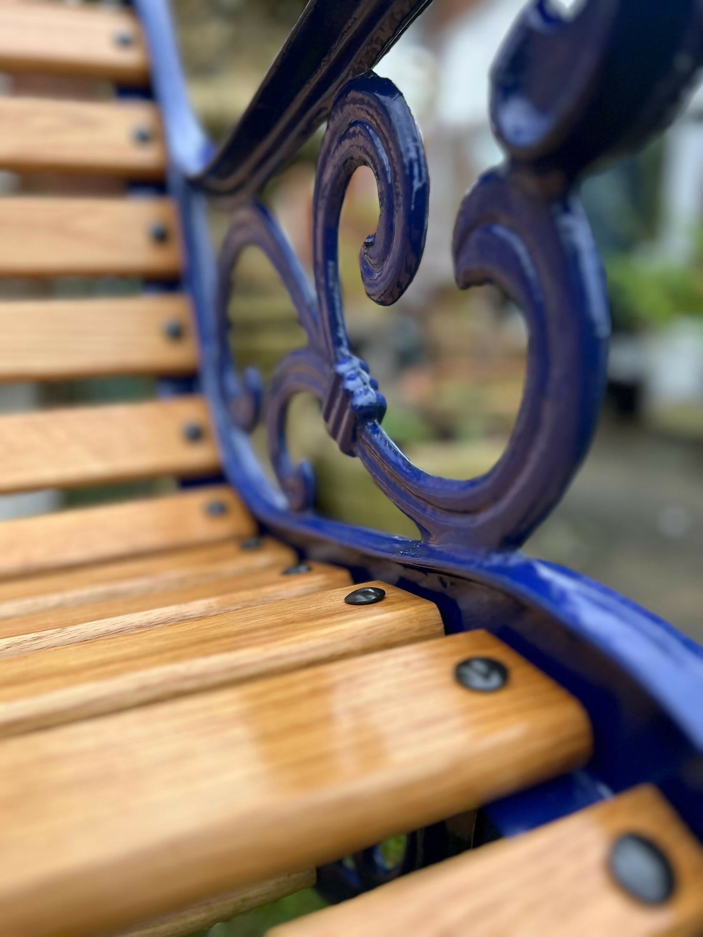 Cast Iron and Oak Garden Bench finished in Cadburys Blue