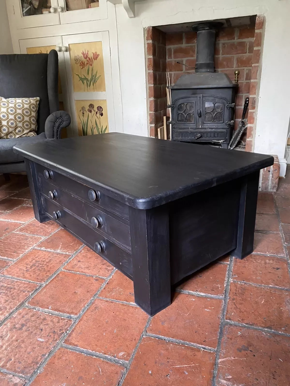 Large Black Painted Pine Late 20th Century Coffee TV Table Plan Chest Style