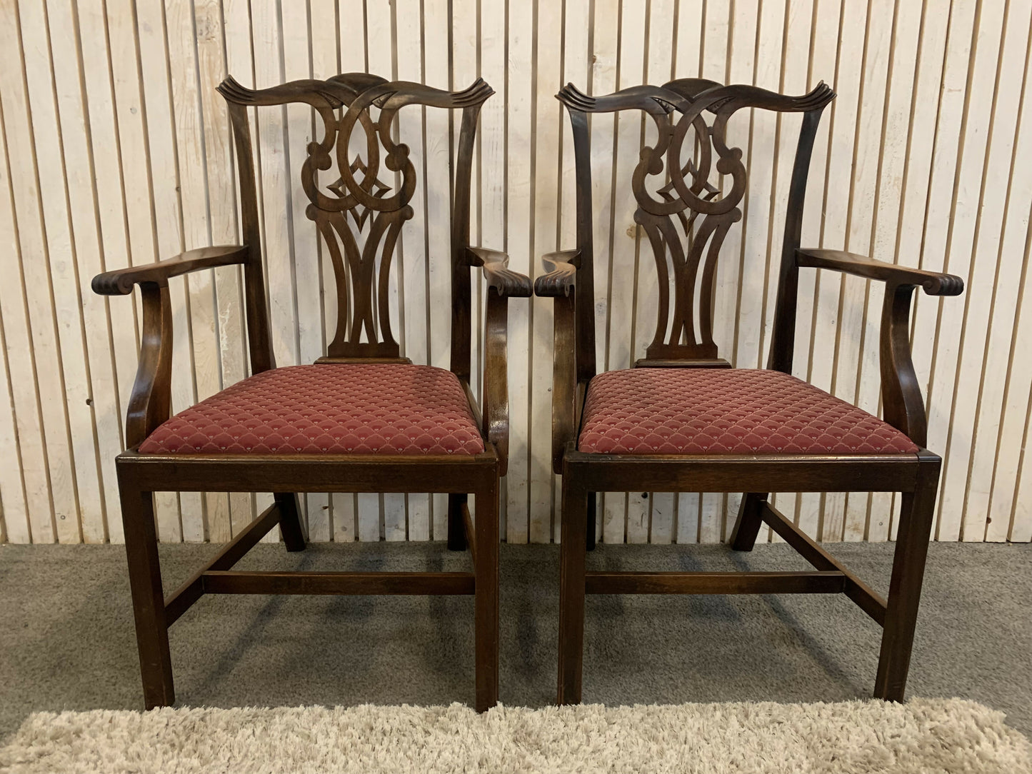 6 Mahogany Chippendale Style Dining Chairs with Red Upholstered drop-in seats.