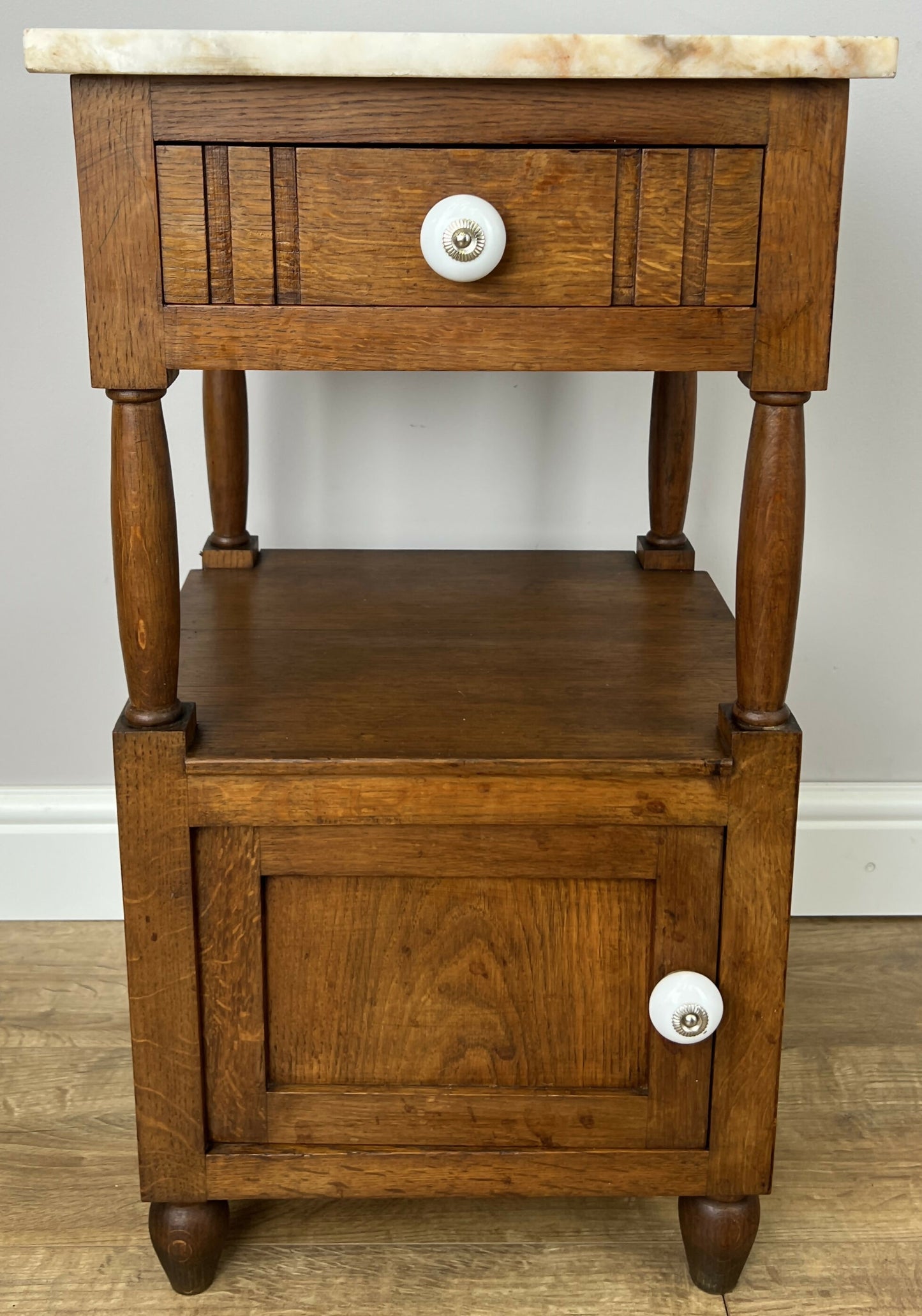 Pair of Bedside Tables Antique French Marble Top Oak Carved Cabinets LOT 6182