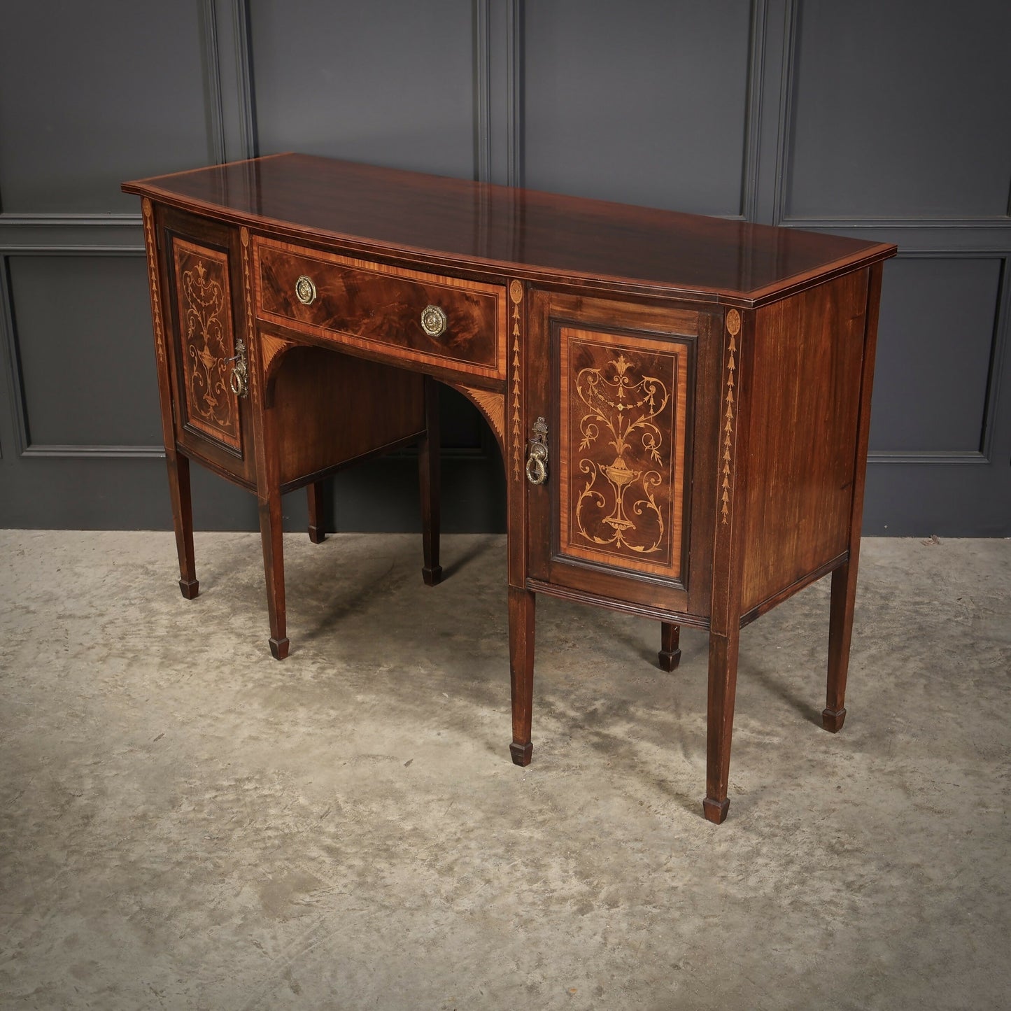 Marquetry Inlaid Mahogany Bow Front Antique Sideboard
