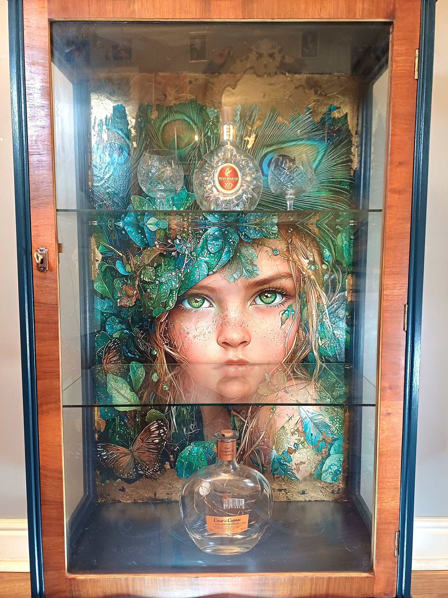 Upcycled Display Case with Decoupaged Peacock Princess and Glass Shelves
