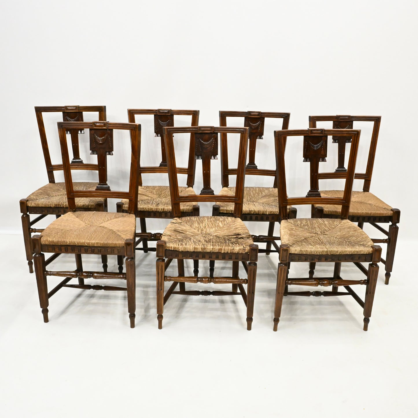 Set of 7 Georgian Dining Chairs With Rush Seats Back Carvings FREE UK Delivery. SBR10037/0502E