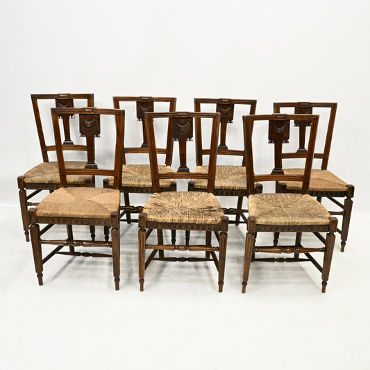 Set of 7 Georgian Dining Chairs With Rush Seats Back Carvings FREE UK Delivery. SBR10037/0502E