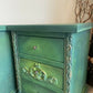 Vintage pine pair of bedside drawers, hand painted green and gold