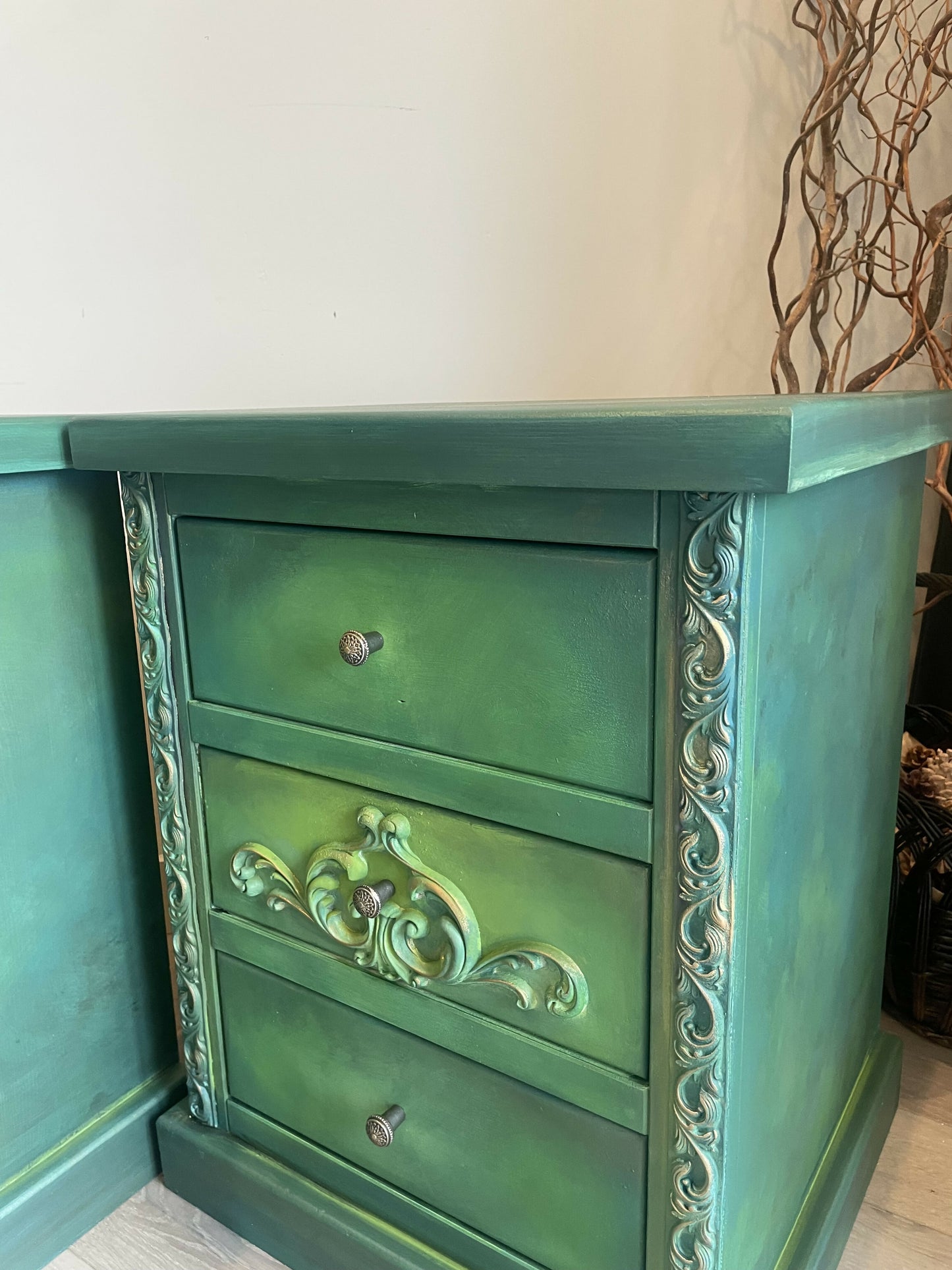 Vintage pine pair of bedside drawers, hand painted green and gold