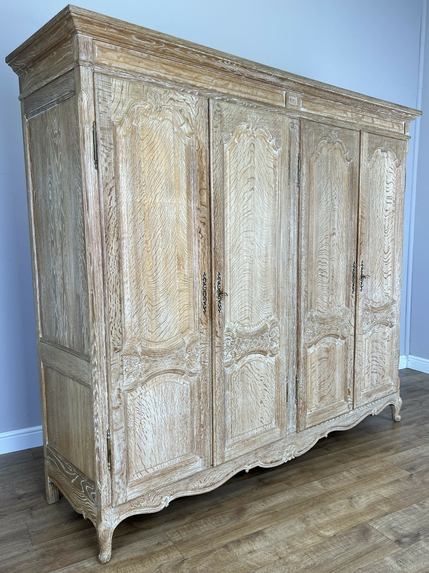 Wardrobe Vintage French Louis Shabby Chic Oak Four Door Carved Armoire LOT 6456