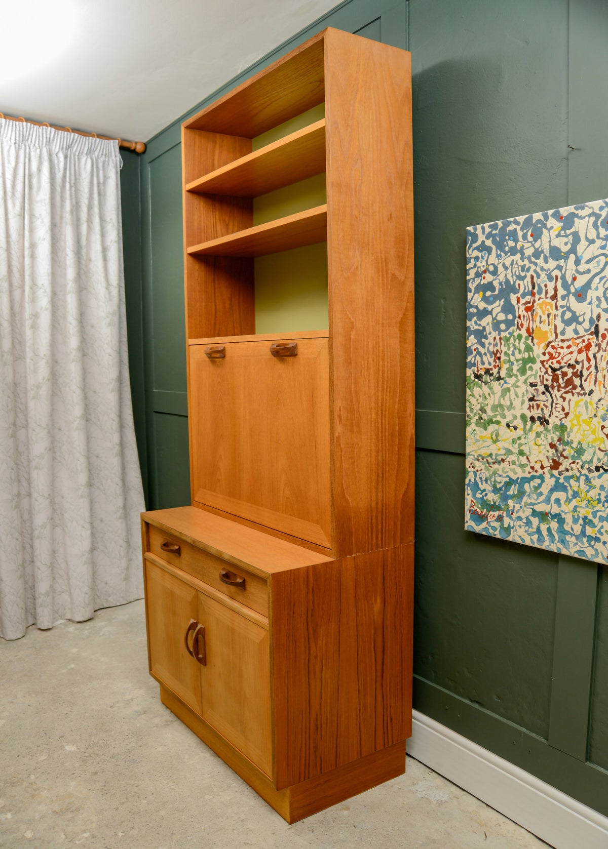G Plan Sierra Wall Unit with Drinks Cabinet and Green Backboard