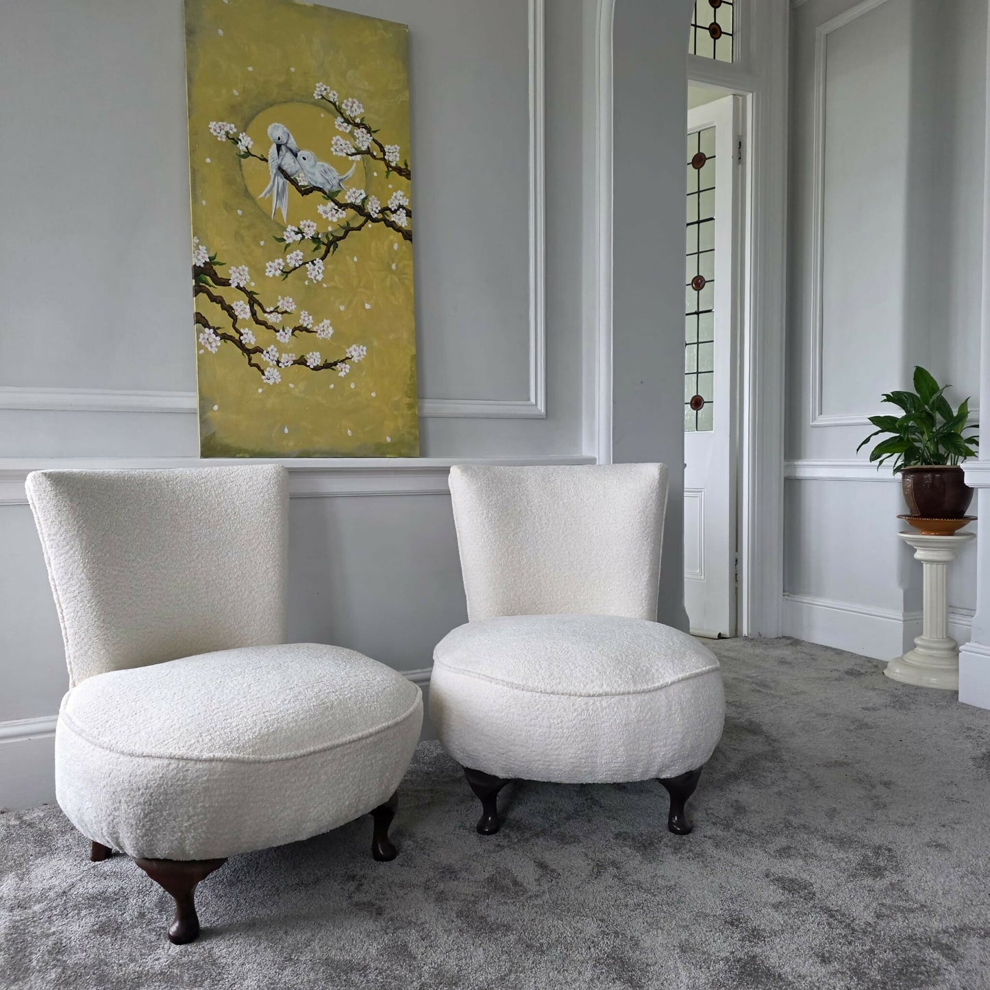 Antique Victorian Bedroom Chairs White Boucle- Newly Upholstered.