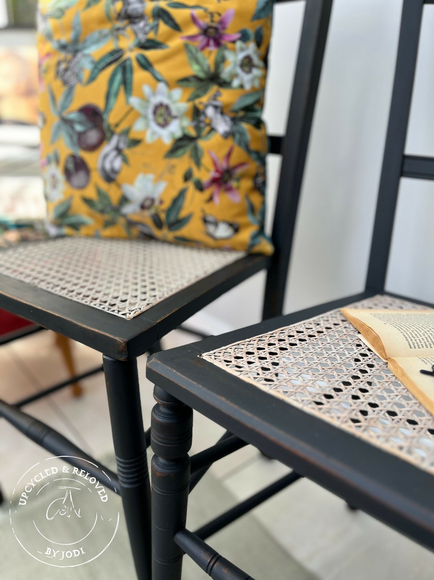 Edwardian chairs with rattan seats, lightly distressed in Ash Black- PAIR OF 2 CHAIRS