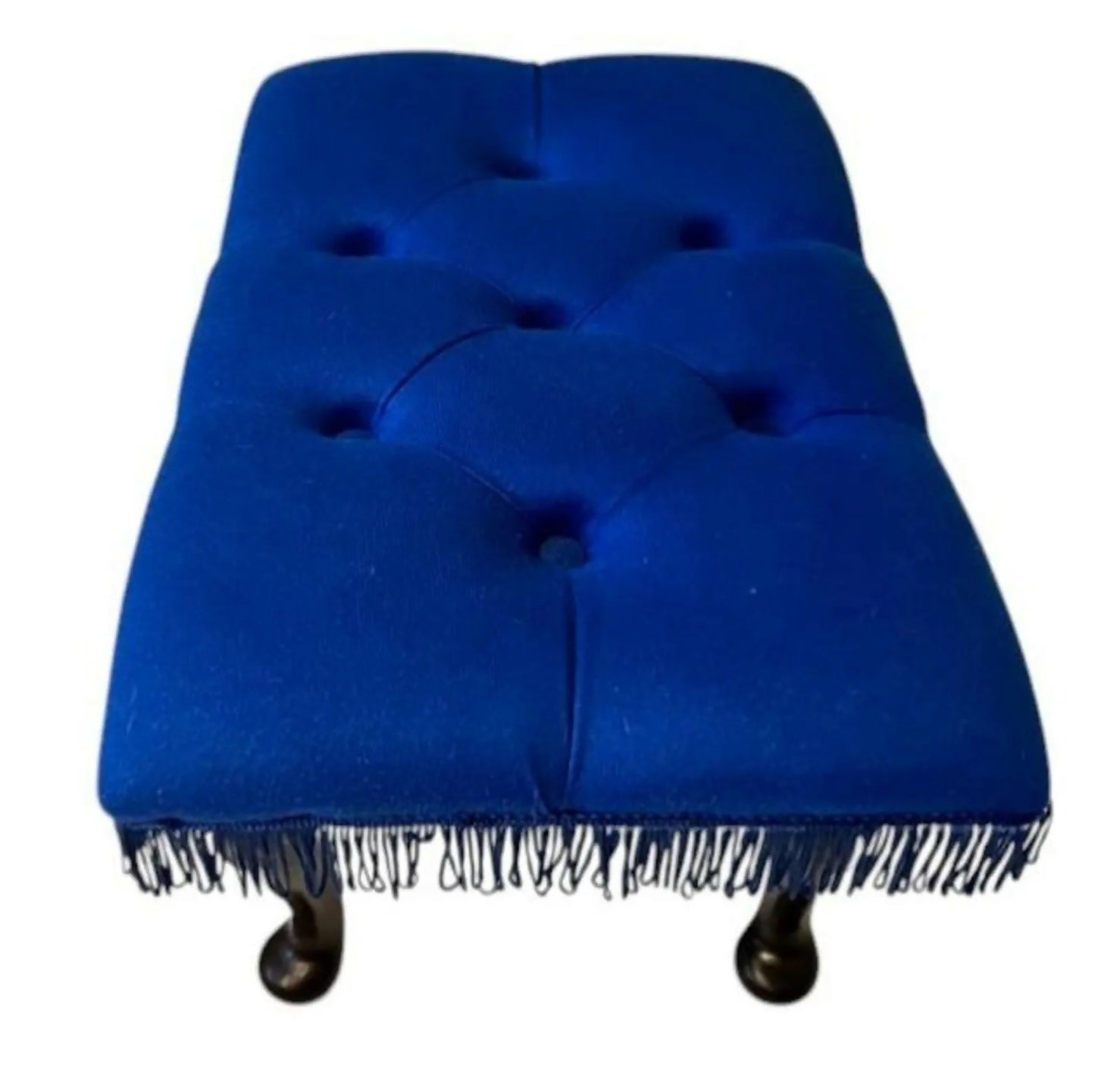 Vintage Upholstered Footstool Blue Tufted Stool Fringe Cabriole Legs