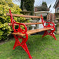 Ornate Red Garden Bench with Oak Planks
