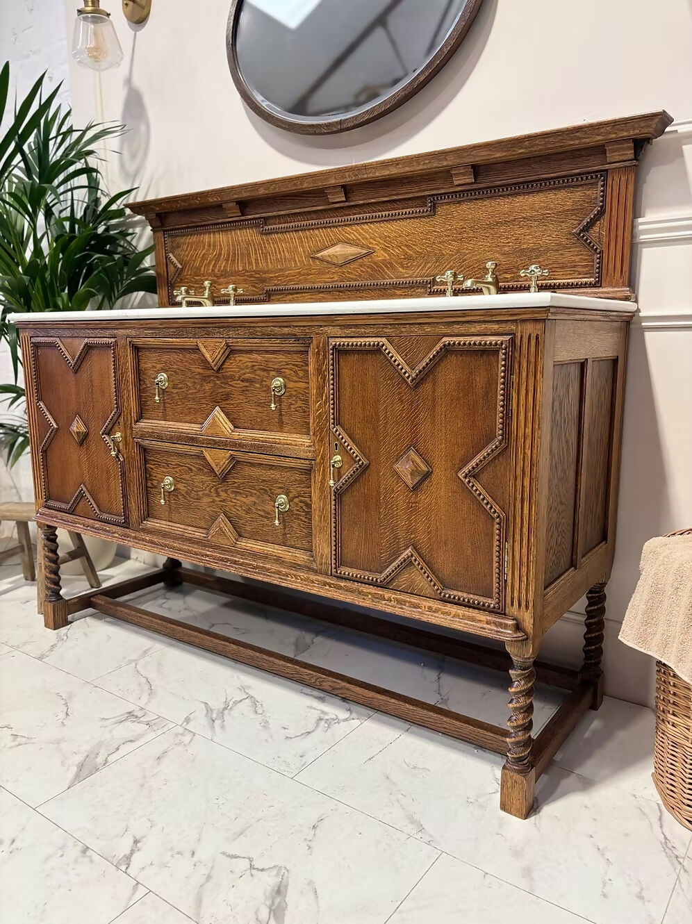 Vintage Wooden Oak Double Vanity Unit