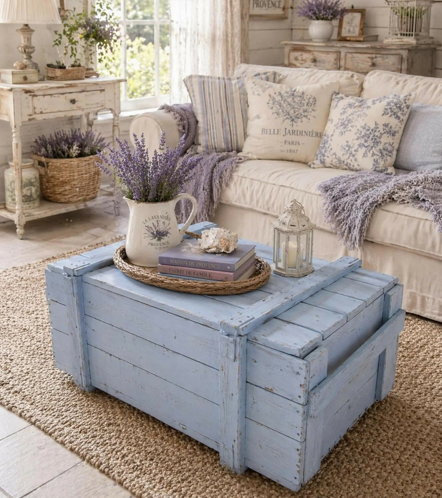 Pastel Blue Vintage Military Chest Coffee Table – Reclaimed Solid Wood Army Trunk Storage Table, Rustic Farmhouse Coffee Table