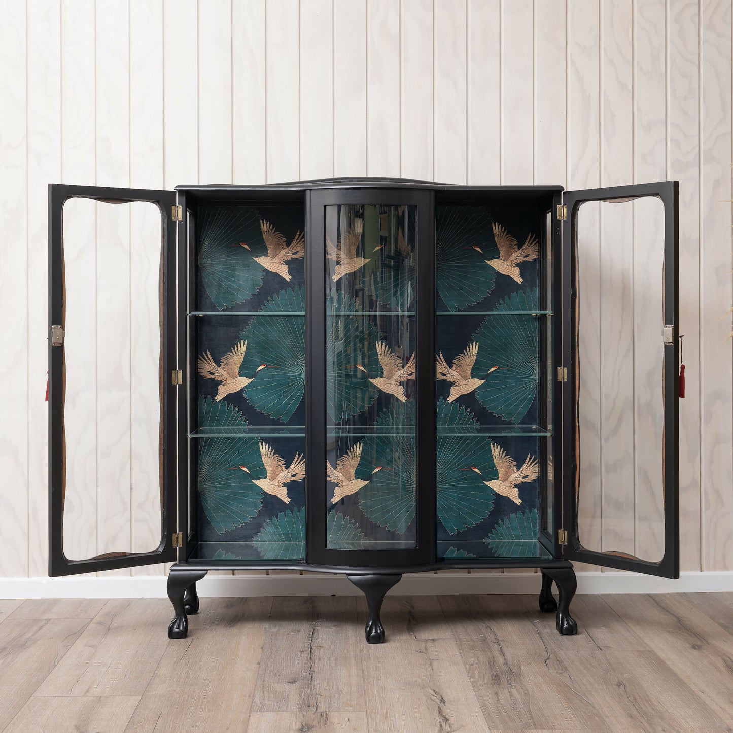 Available: Exquisite Art Deco drinks cabinet decoupaged in a striking blend of emerald green, subltle gold and black crane fabric.